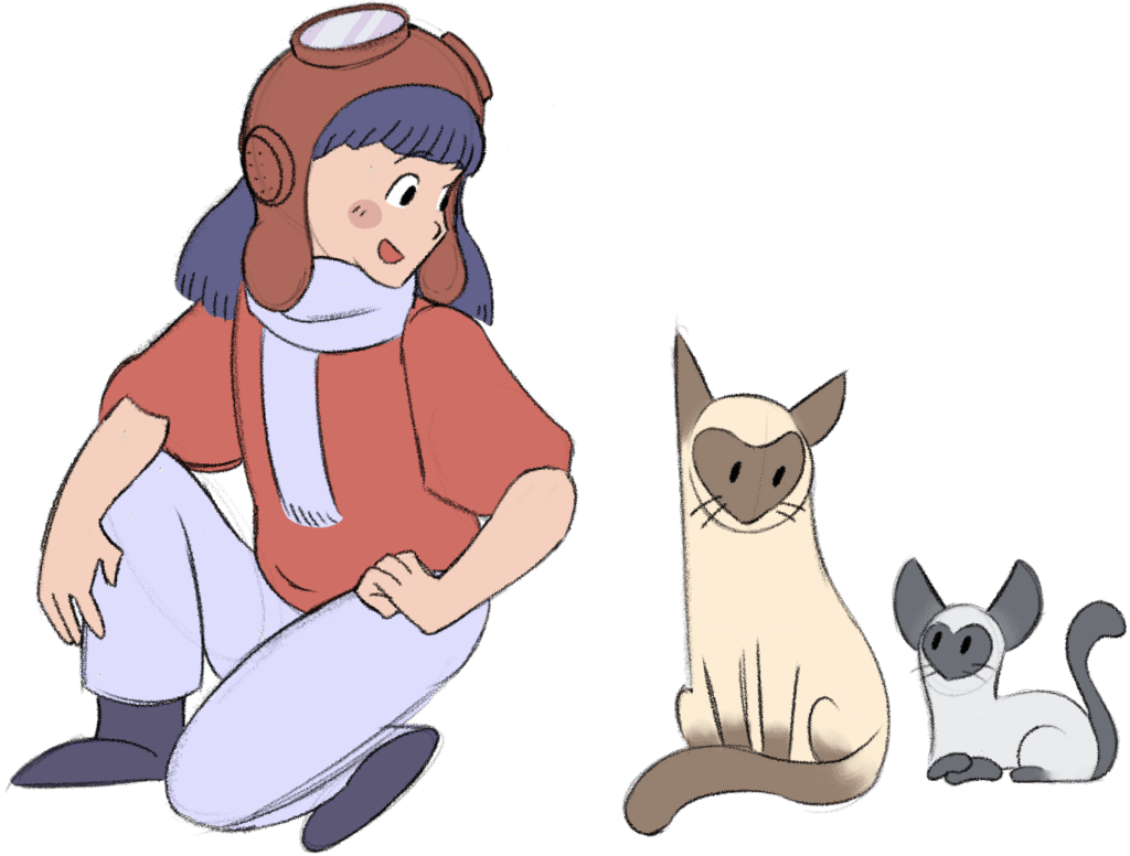 A drawing of me and my Siamese cats