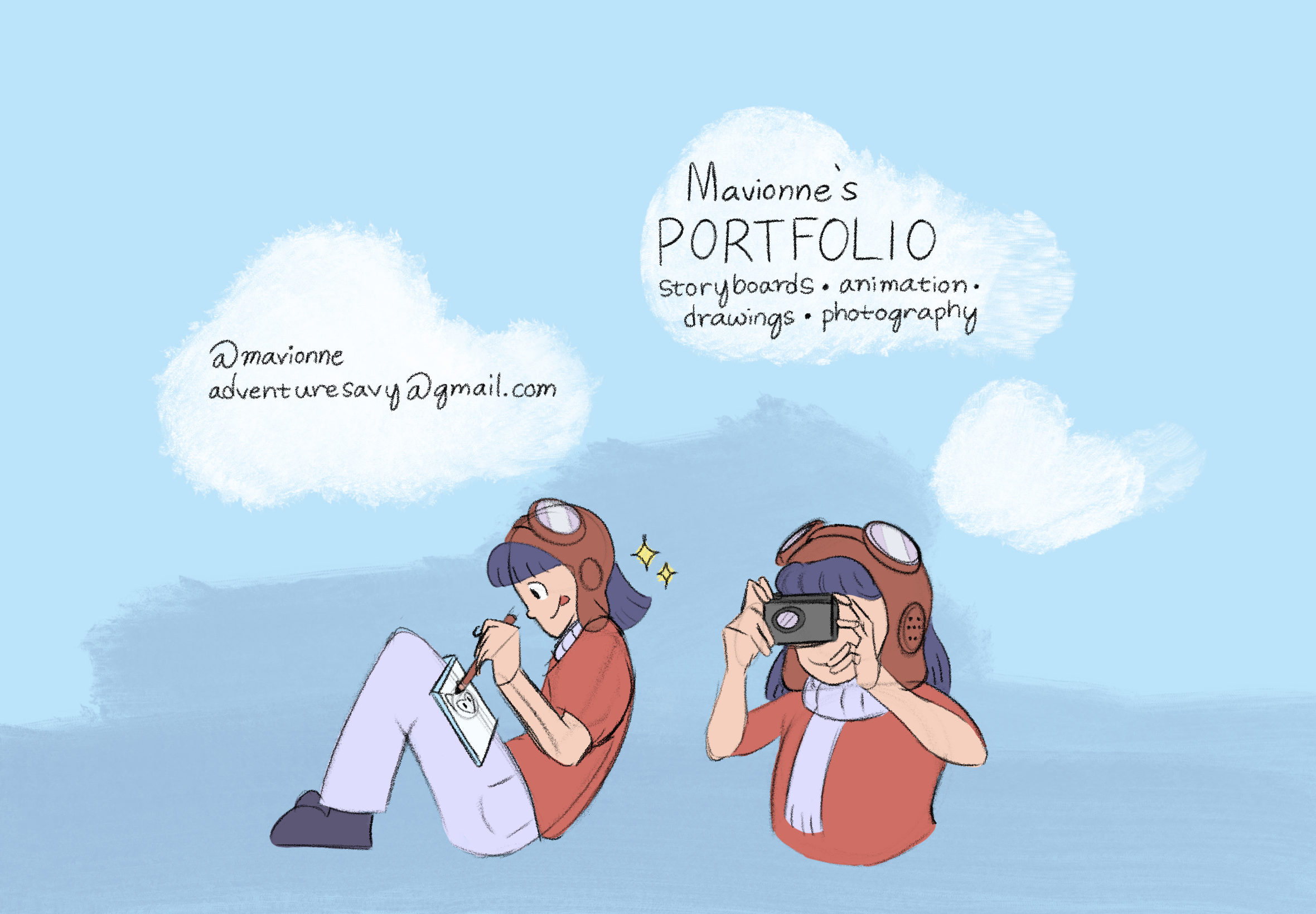 Mavionne's Portfolio.
Storyboards, animation, drawings, photography.
@mavionne.
adventuresavy@gmail.com